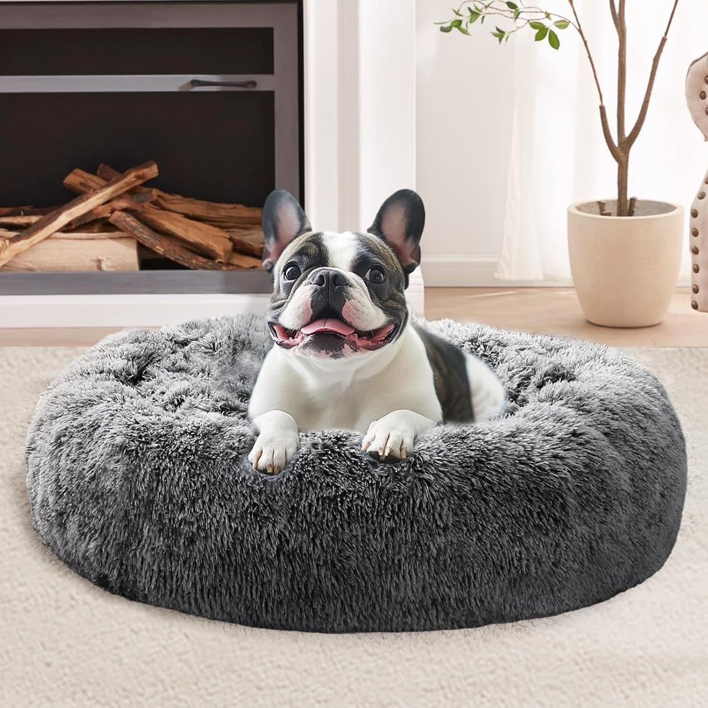 JOLLYVOGUE Dog Bed, Calming Dog Beds for Dogs & Indoor Cats - Donut Washable Cat Bed, Round Fluffy Plush Faux Fur Pet Beds