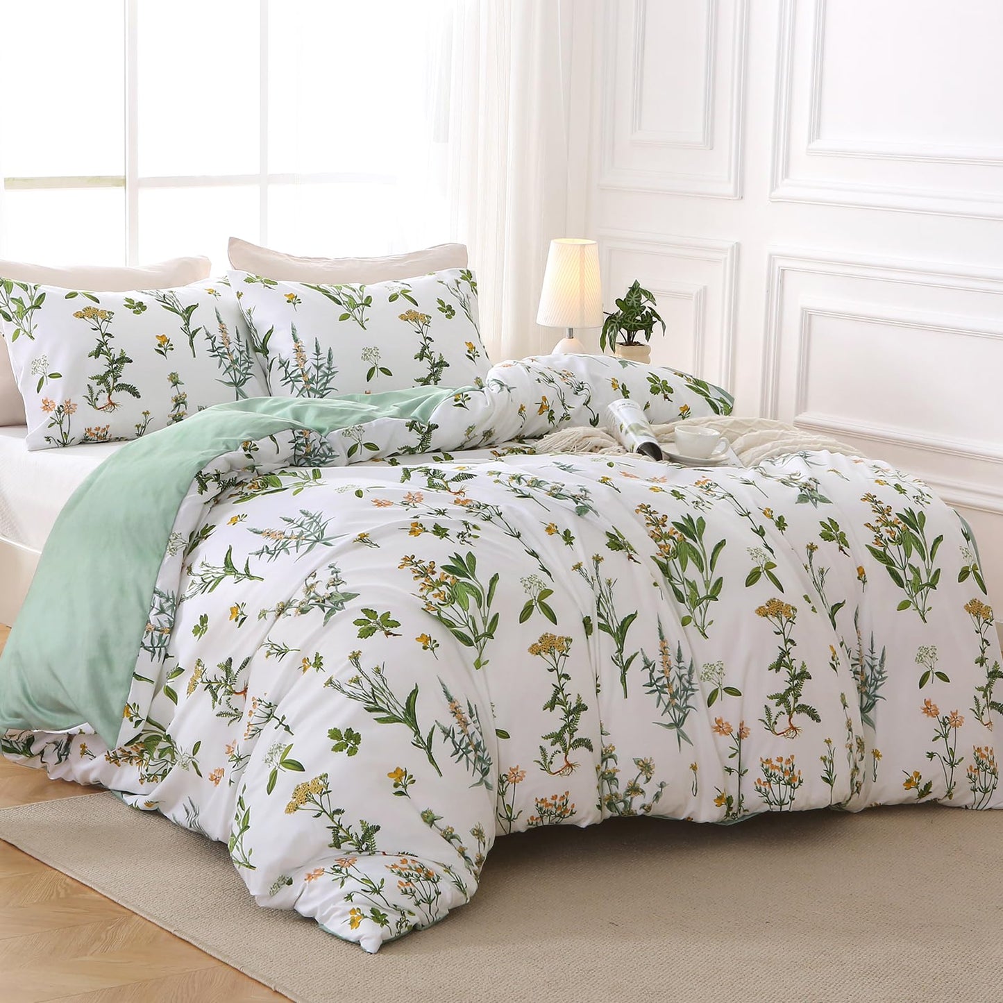 Jollyvogue Duvet Cover Queen Size, Reversible Floral Green Flower Duvet Cover Set with Zipper Closure