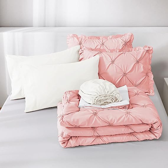 JOLLYVOGUE Comforter Set, Pink/Ivory Bed in a Bag Comforter Set for Bedroom, Bedding Comforter Sets with Comforter, Sheets, Bed Skirt, Ruffled Shams & Pillowcases