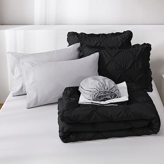 JOLLYVOGUE Comforter Set, Black/Gray Bedding Comforter Sets with Comforter, Sheets, Bed Skirt, Ruffled Shams & Pillowcases