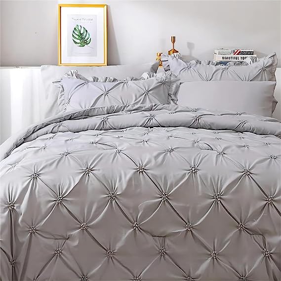 JOLLYVOGUE Gray Bed in a Bag Comforter Set for Bedroom, Pintuck Comforter Sets, Beddding Sets with Comforter, Sheets, Bed Skirt, Ruffled Shams & Pillowcases