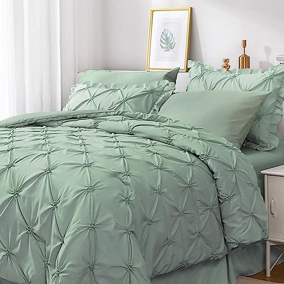 JOLLYVOGUE Comforter Set, Green Bed in a Bag Comforter Set for Bedroom, Bedding Comforter Sets with Comforter, Sheets, Bed Skirt, Ruffled Shams & Pillowcases