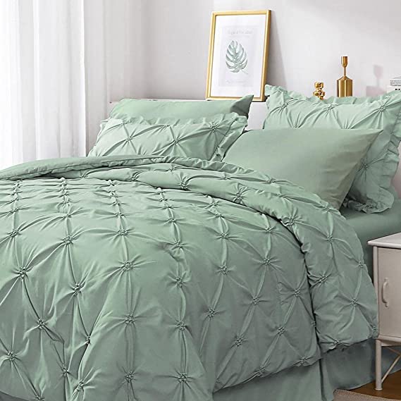 JOLLYVOGUE Comforter Set, Green Bed in a Bag Comforter Set for Bedroom, Bedding Comforter Sets with Comforter, Sheets, Bed Skirt, Ruffled Shams & Pillowcases