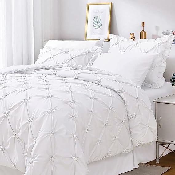 JOLLYVOGUE Comforter Set, Pintuck White Bed in a Bag Comforter Set for Bedroom, Bedding Comforter Sets with Comforter, Sheets, Bed Skirt, Ruffled Shams & Pillowcases