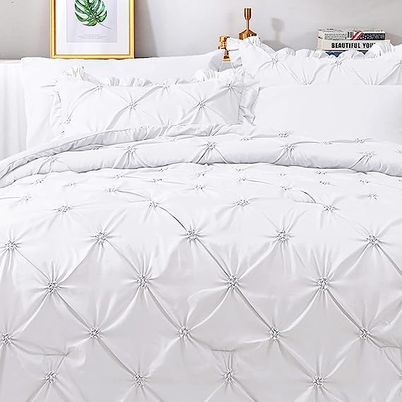 JOLLYVOGUE Comforter Set, Pintuck White Bed in a Bag Comforter Set for Bedroom, Bedding Comforter Sets with Comforter, Sheets, Bed Skirt, Ruffled Shams & Pillowcases