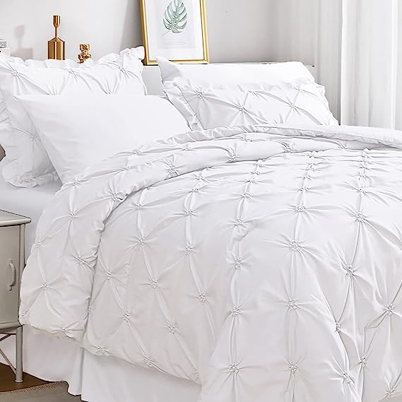 JOLLYVOGUE Comforter Set, Pintuck White Bed in a Bag Comforter Set for Bedroom, Bedding Comforter Sets with Comforter, Sheets, Bed Skirt, Ruffled Shams & Pillowcases