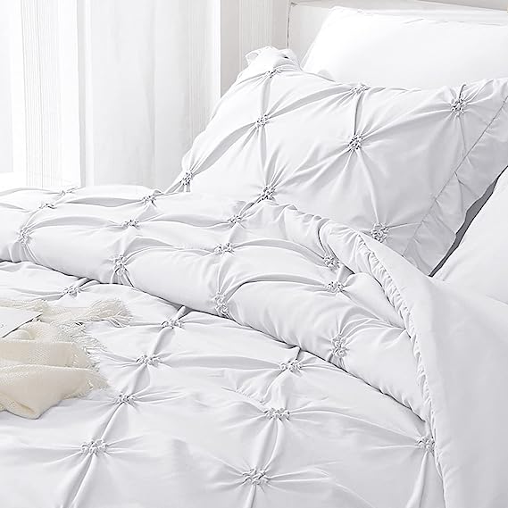 JOLLYVOGUE Comforter Set, Pintuck White Bed in a Bag Comforter Set for Bedroom, Bedding Comforter Sets with Comforter, Sheets, Bed Skirt, Ruffled Shams & Pillowcases