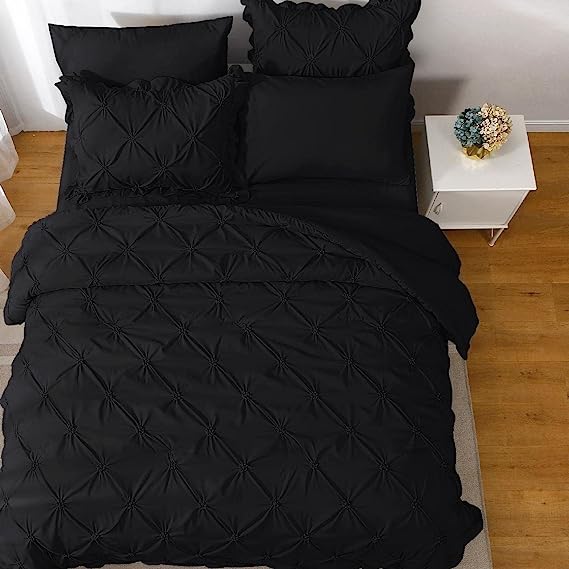 JOLLYVOGUE Comforter Set, Pintuck Black Bed in a Bag Comforter Set for Bedroom, Bedding Comforter Sets with Comforter, Sheets, Bed Skirt, Ruffled Shams & Pillowcases