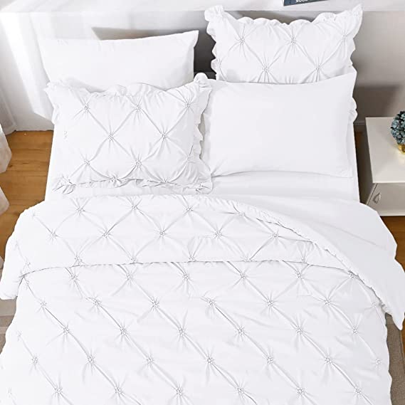 JOLLYVOGUE Comforter Set, Pintuck White Bed in a Bag Comforter Set for Bedroom, Bedding Comforter Sets with Comforter, Sheets, Bed Skirt, Ruffled Shams & Pillowcases