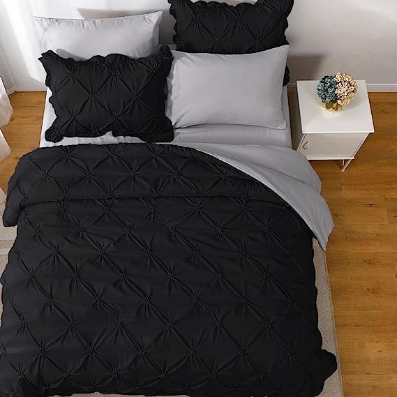 JOLLYVOGUE Comforter Set, Black/Gray Bedding Comforter Sets with Comforter, Sheets, Bed Skirt, Ruffled Shams & Pillowcases