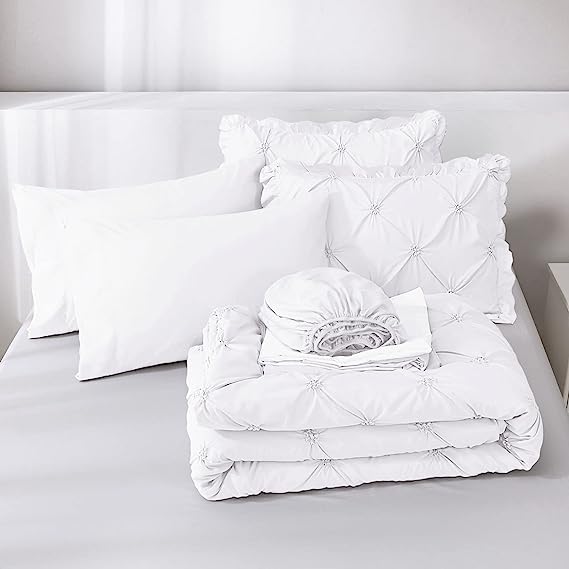 JOLLYVOGUE Comforter Set, Pintuck White Bed in a Bag Comforter Set for Bedroom, Bedding Comforter Sets with Comforter, Sheets, Bed Skirt, Ruffled Shams & Pillowcases