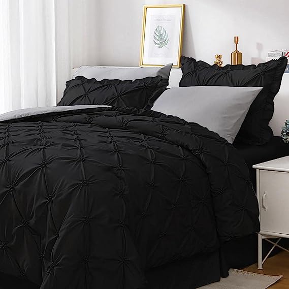 JOLLYVOGUE Comforter Set, Black/Gray Bedding Comforter Sets with Comforter, Sheets, Bed Skirt, Ruffled Shams & Pillowcases