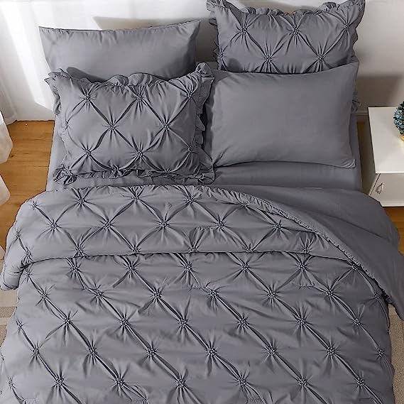 JOLLYVOGUE Comforter Set, Pintuck Dark Grey Bed in a Bag Comforter Set for Bedroom, Beddding Sets with Comforter, Sheets, Bed Skirt, Ruffled Shams & Pillowcases