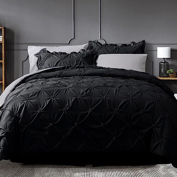 JOLLYVOGUE Comforter Set, Black/Gray Bedding Comforter Sets with Comforter, Sheets, Bed Skirt, Ruffled Shams & Pillowcases