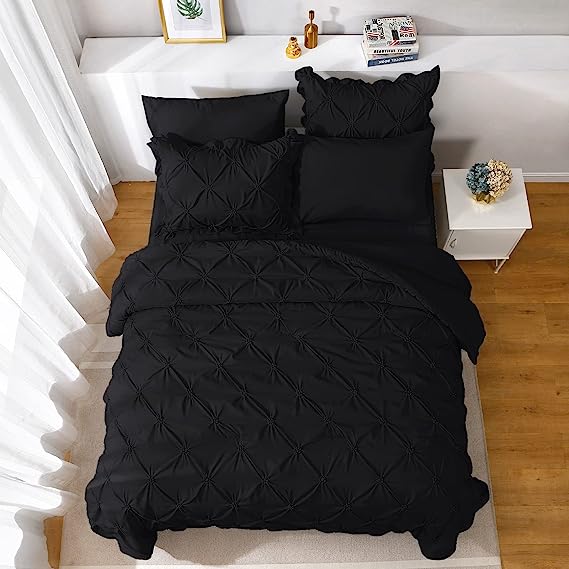 JOLLYVOGUE Comforter Set, Pintuck Black Bed in a Bag Comforter Set for Bedroom, Bedding Comforter Sets with Comforter, Sheets, Bed Skirt, Ruffled Shams & Pillowcases