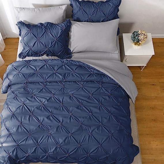 JOLLYVOGUE Comforter Set, Navy Blue/Gray Bed in a Bag Comforter Set for Bedroom, Bedding Comforter Sets with Comforter, Sheets, Bed Skirt, Ruffled Shams & Pillowcases