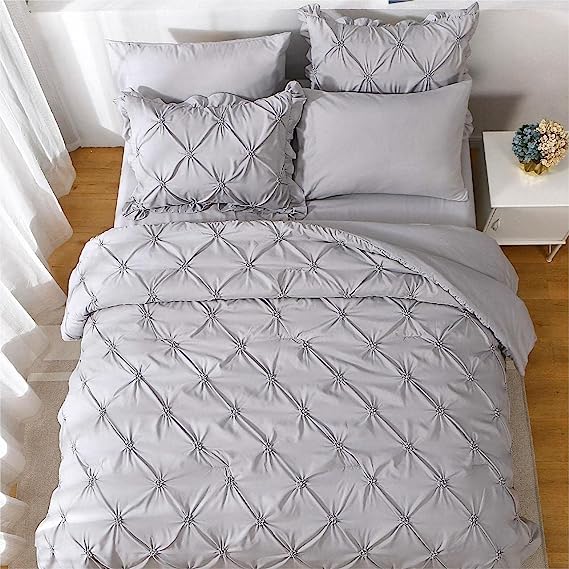 JOLLYVOGUE Gray Bed in a Bag Comforter Set for Bedroom, Pintuck Comforter Sets, Beddding Sets with Comforter, Sheets, Bed Skirt, Ruffled Shams & Pillowcases