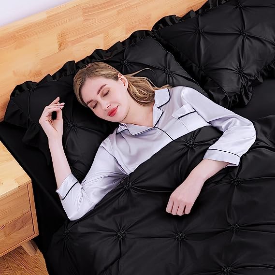 JOLLYVOGUE Comforter Set, Pintuck Black Bed in a Bag Comforter Set for Bedroom, Bedding Comforter Sets with Comforter, Sheets, Bed Skirt, Ruffled Shams & Pillowcases