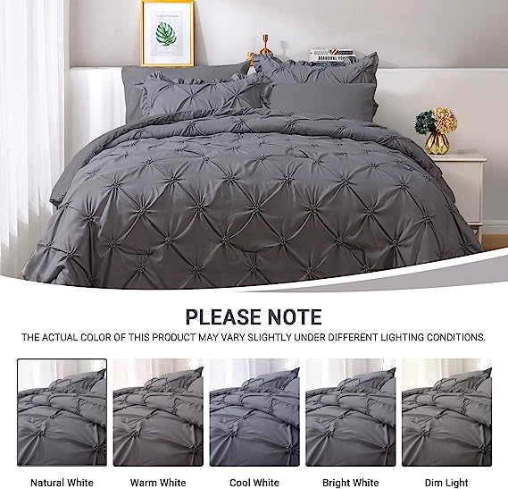 JOLLYVOGUE Comforter Set, Pintuck Dark Grey Bed in a Bag Comforter Set for Bedroom, Beddding Sets with Comforter, Sheets, Bed Skirt, Ruffled Shams & Pillowcases