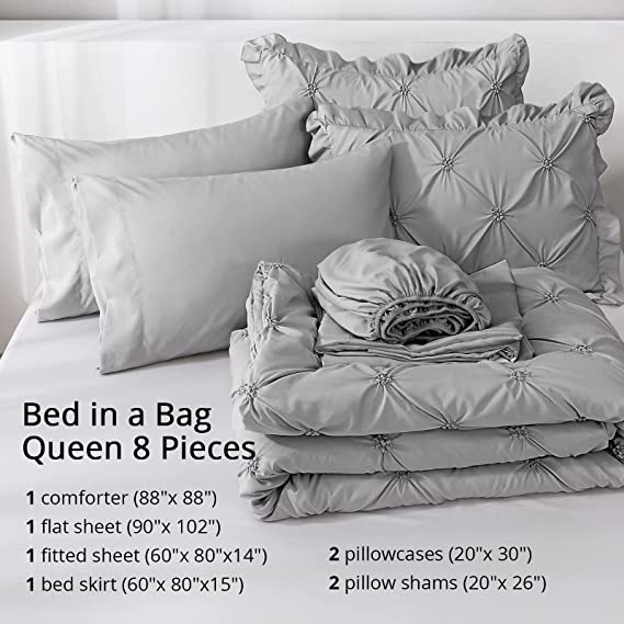 JOLLYVOGUE Gray Bed in a Bag Comforter Set for Bedroom, Pintuck Comforter Sets, Beddding Sets with Comforter, Sheets, Bed Skirt, Ruffled Shams & Pillowcases