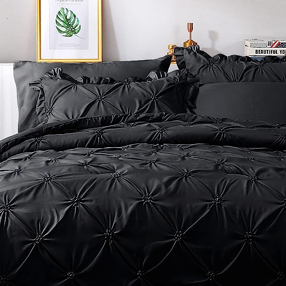 JOLLYVOGUE Comforter Set, Pintuck Black Bed in a Bag Comforter Set for Bedroom, Bedding Comforter Sets with Comforter, Sheets, Bed Skirt, Ruffled Shams & Pillowcases