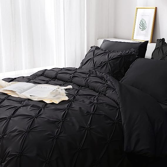 JOLLYVOGUE Comforter Set, Pintuck Black Bed in a Bag Comforter Set for Bedroom, Bedding Comforter Sets with Comforter, Sheets, Bed Skirt, Ruffled Shams & Pillowcases