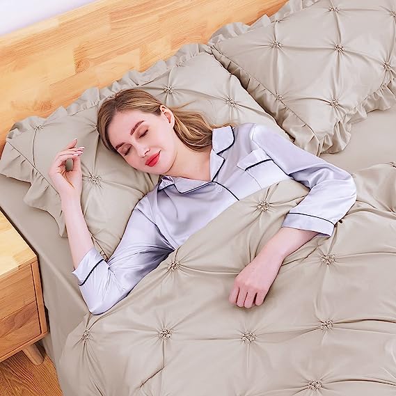 JOLLYVOGUE Comforter Set, Pintuck Beige Bed in a Bag Comforter Set for Bedroom, Bedding Comforter Sets with Comforter, Sheets, Bed Skirt, Ruffled Shams & Pillowcases