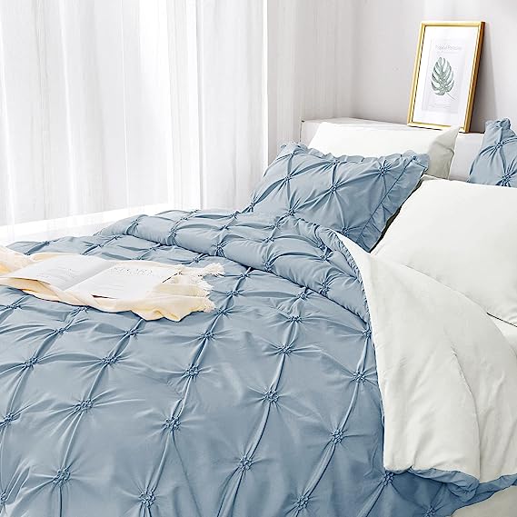 JOLLYVOGUE Comforter Set, Pintuck Light Blue/Ivory Bed in a Bag Comforter Set for Bedroom, Bedding Comforter Sets with Comforter, Sheets, Bed Skirt, Ruffled Shams & Pillowcases