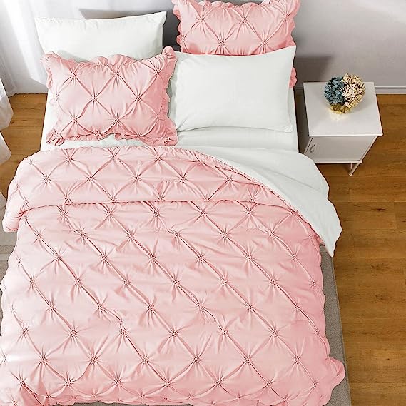 JOLLYVOGUE Comforter Set, Pink/Ivory Bed in a Bag Comforter Set for Bedroom, Bedding Comforter Sets with Comforter, Sheets, Bed Skirt, Ruffled Shams & Pillowcases