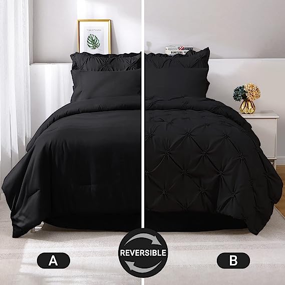 JOLLYVOGUE Comforter Set, Pintuck Black Bed in a Bag Comforter Set for Bedroom, Bedding Comforter Sets with Comforter, Sheets, Bed Skirt, Ruffled Shams & Pillowcases