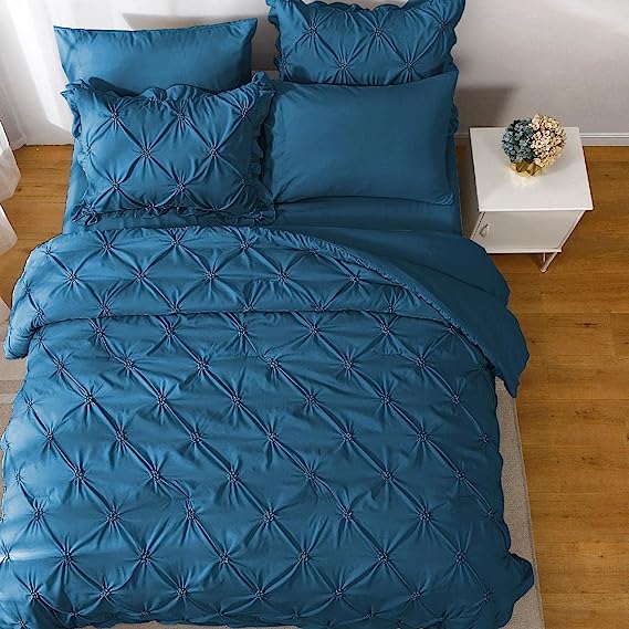 JOLLYVOGUE Comforter Set, Pintuck Teal Bed in a Bag Comforter Set for Bedroom, Bedding Comforter Sets with Comforter, Sheets, Bed Skirt, Ruffled Shams & Pillowcases
