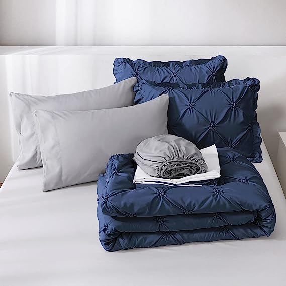 JOLLYVOGUE Comforter Set, Navy Blue/Gray Bed in a Bag Comforter Set for Bedroom, Bedding Comforter Sets with Comforter, Sheets, Bed Skirt, Ruffled Shams & Pillowcases