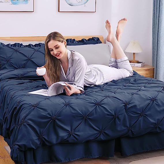 JOLLYVOGUE Comforter Set, Navy Blue/Gray Bed in a Bag Comforter Set for Bedroom, Bedding Comforter Sets with Comforter, Sheets, Bed Skirt, Ruffled Shams & Pillowcases