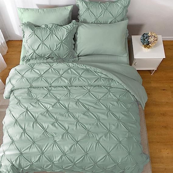 JOLLYVOGUE Comforter Set, Green Bed in a Bag Comforter Set for Bedroom, Bedding Comforter Sets with Comforter, Sheets, Bed Skirt, Ruffled Shams & Pillowcases