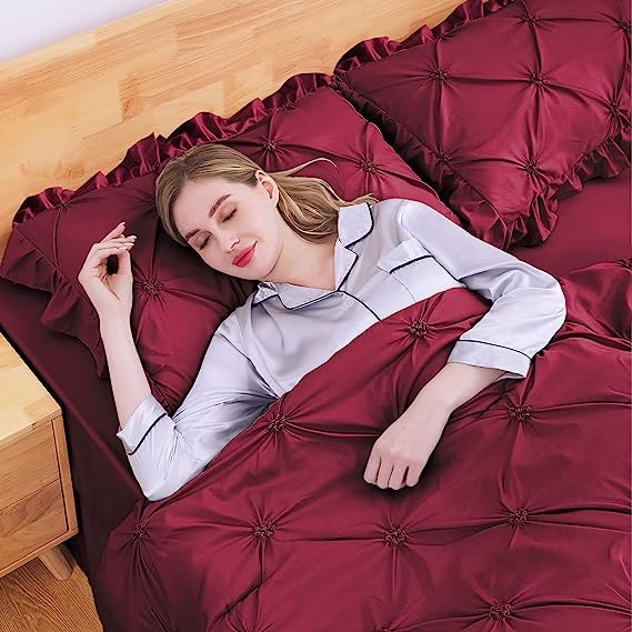 JOLLYVOGUE Comforter Set, Dark Red Bed in a Bag Comforter Set for Bedroom, Bedding Comforter Sets with Comforter, Sheets, Bed Skirt, Ruffled Shams & Pillowcases