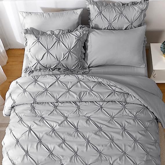 JOLLYVOGUE Gray Bed in a Bag Comforter Set for Bedroom, Pintuck Comforter Sets, Beddding Sets with Comforter, Sheets, Bed Skirt, Ruffled Shams & Pillowcases