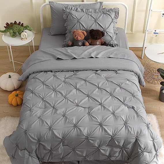 JOLLYVOGUE Gray Bed in a Bag Comforter Set for Bedroom, Pintuck Comforter Sets, Beddding Sets with Comforter, Sheets, Bed Skirt, Ruffled Shams & Pillowcases