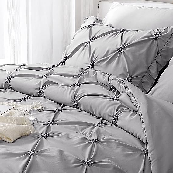 JOLLYVOGUE Gray Bed in a Bag Comforter Set for Bedroom, Pintuck Comforter Sets, Beddding Sets with Comforter, Sheets, Bed Skirt, Ruffled Shams & Pillowcases