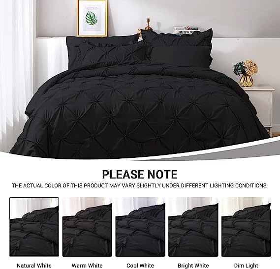 JOLLYVOGUE Comforter Set, Pintuck Black Bed in a Bag Comforter Set for Bedroom, Bedding Comforter Sets with Comforter, Sheets, Bed Skirt, Ruffled Shams & Pillowcases