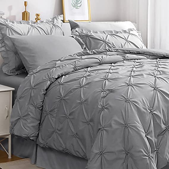 JOLLYVOGUE Gray Bed in a Bag Comforter Set for Bedroom, Pintuck Comforter Sets, Beddding Sets with Comforter, Sheets, Bed Skirt, Ruffled Shams & Pillowcases