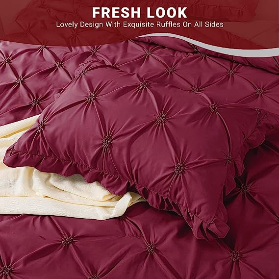 JOLLYVOGUE Comforter Set, Dark Red Bed in a Bag Comforter Set for Bedroom, Bedding Comforter Sets with Comforter, Sheets, Bed Skirt, Ruffled Shams & Pillowcases