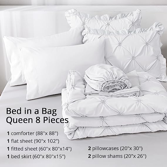 JOLLYVOGUE Comforter Set, Pintuck White Bed in a Bag Comforter Set for Bedroom, Bedding Comforter Sets with Comforter, Sheets, Bed Skirt, Ruffled Shams & Pillowcases