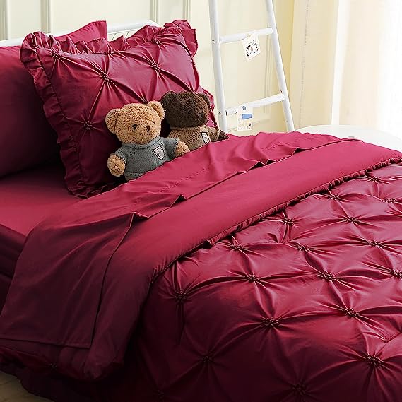 JOLLYVOGUE Comforter Set, Dark Red Bed in a Bag Comforter Set for Bedroom, Bedding Comforter Sets with Comforter, Sheets, Bed Skirt, Ruffled Shams & Pillowcases