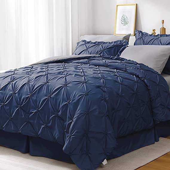 JOLLYVOGUE Comforter Set, Navy Blue/Gray Bed in a Bag Comforter Set for Bedroom, Bedding Comforter Sets with Comforter, Sheets, Bed Skirt, Ruffled Shams & Pillowcases