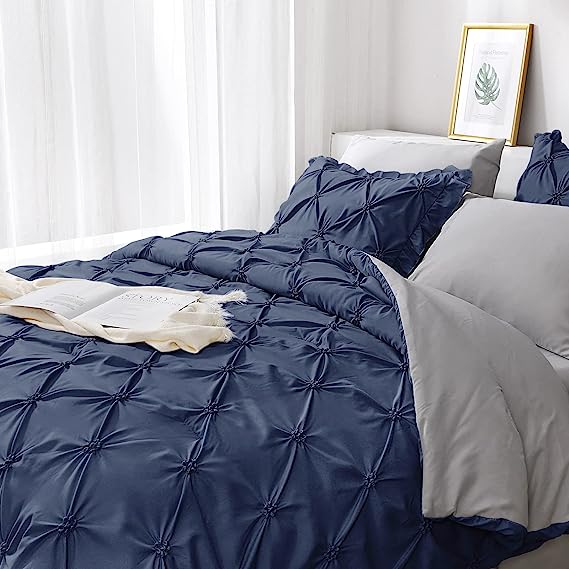 JOLLYVOGUE Comforter Set, Navy Blue/Gray Bed in a Bag Comforter Set for Bedroom, Bedding Comforter Sets with Comforter, Sheets, Bed Skirt, Ruffled Shams & Pillowcases