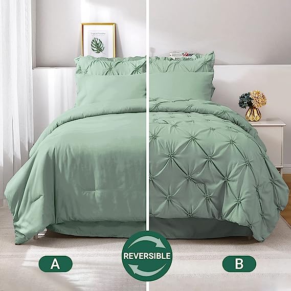 JOLLYVOGUE Comforter Set, Green Bed in a Bag Comforter Set for Bedroom, Bedding Comforter Sets with Comforter, Sheets, Bed Skirt, Ruffled Shams & Pillowcases