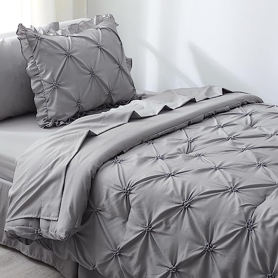 JOLLYVOGUE Gray Bed in a Bag Comforter Set for Bedroom, Pintuck Comforter Sets, Beddding Sets with Comforter, Sheets, Bed Skirt, Ruffled Shams & Pillowcases