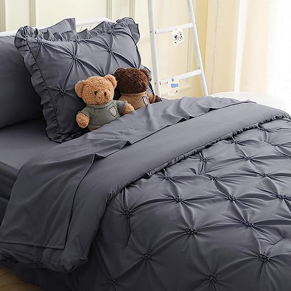 JOLLYVOGUE Comforter Set, Pintuck Dark Grey Bed in a Bag Comforter Set for Bedroom, Beddding Sets with Comforter, Sheets, Bed Skirt, Ruffled Shams & Pillowcases