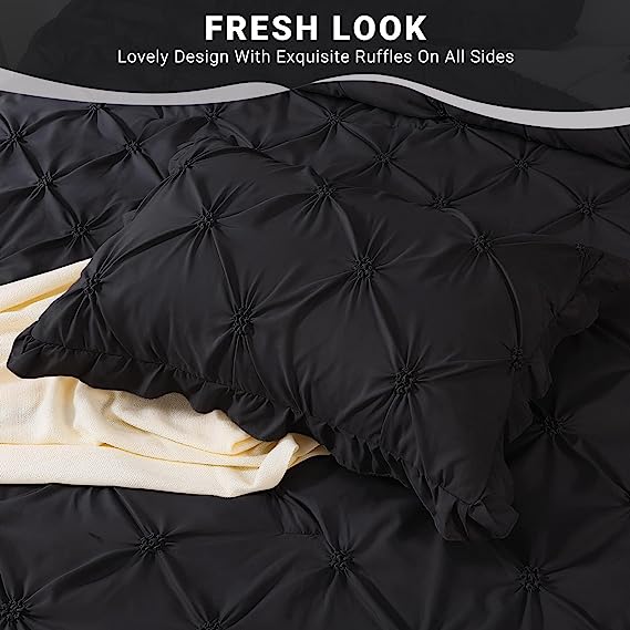 JOLLYVOGUE Comforter Set, Pintuck Black Bed in a Bag Comforter Set for Bedroom, Bedding Comforter Sets with Comforter, Sheets, Bed Skirt, Ruffled Shams & Pillowcases