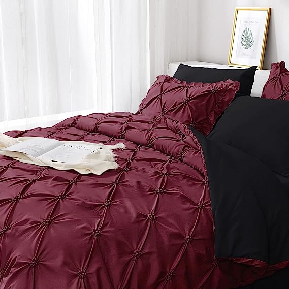 JOLLYVOGUE Comforter Set, Pintuck Dark Red/Black Bed in a Bag Comforter Set for Bedroom, Bedding Comforter Sets with Comforter, Sheets, Bed Skirt, Ruffled Shams & Pillowcases